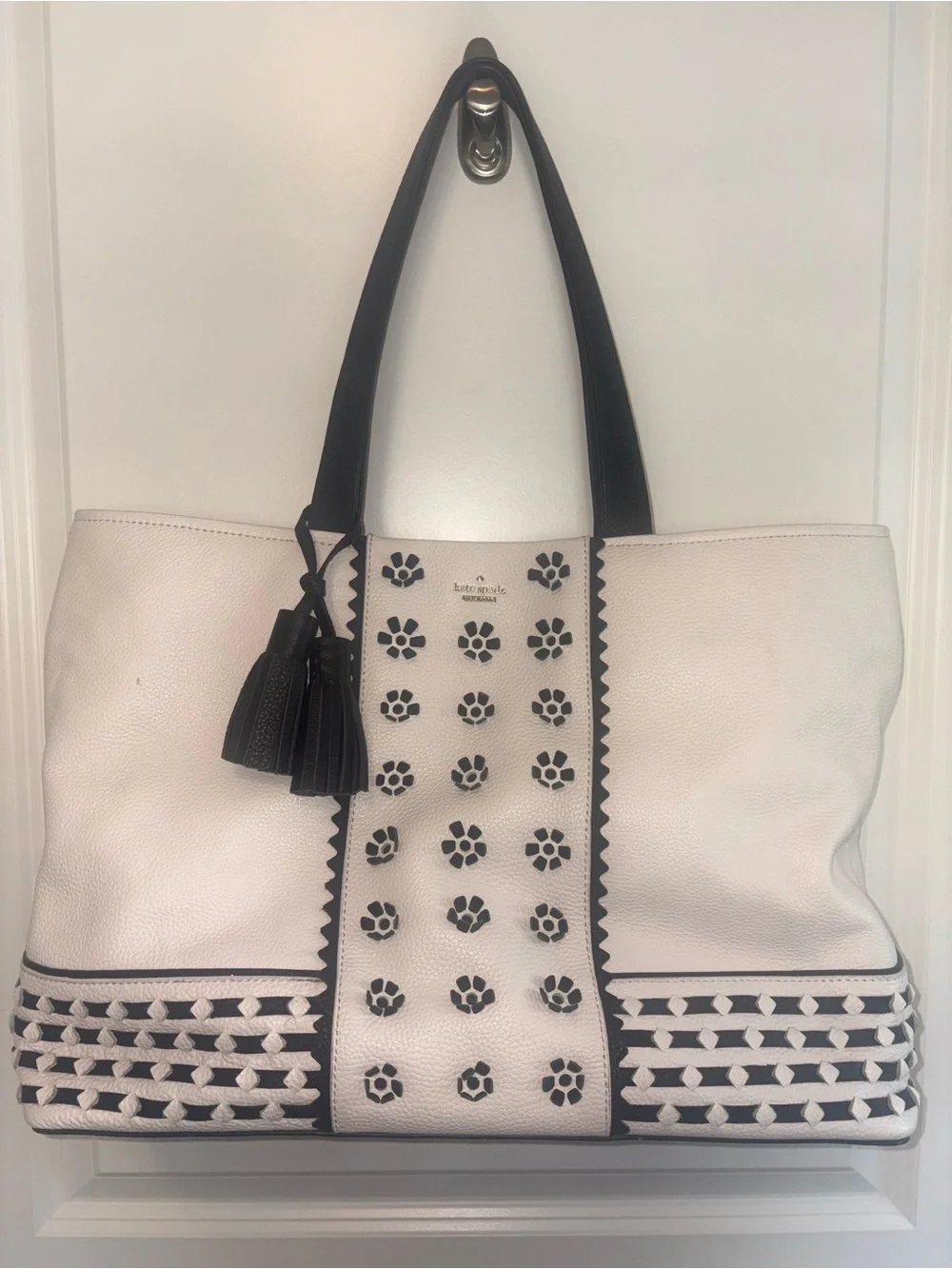 kate spade White and Black Leather Tote with Matching Pouch